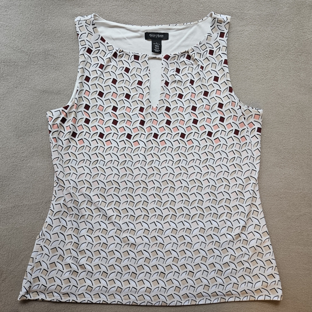 WHBM Geometric Print Sleeveless Shell Blouse, Size Large, EUC (Ecru, Tan, Peach)